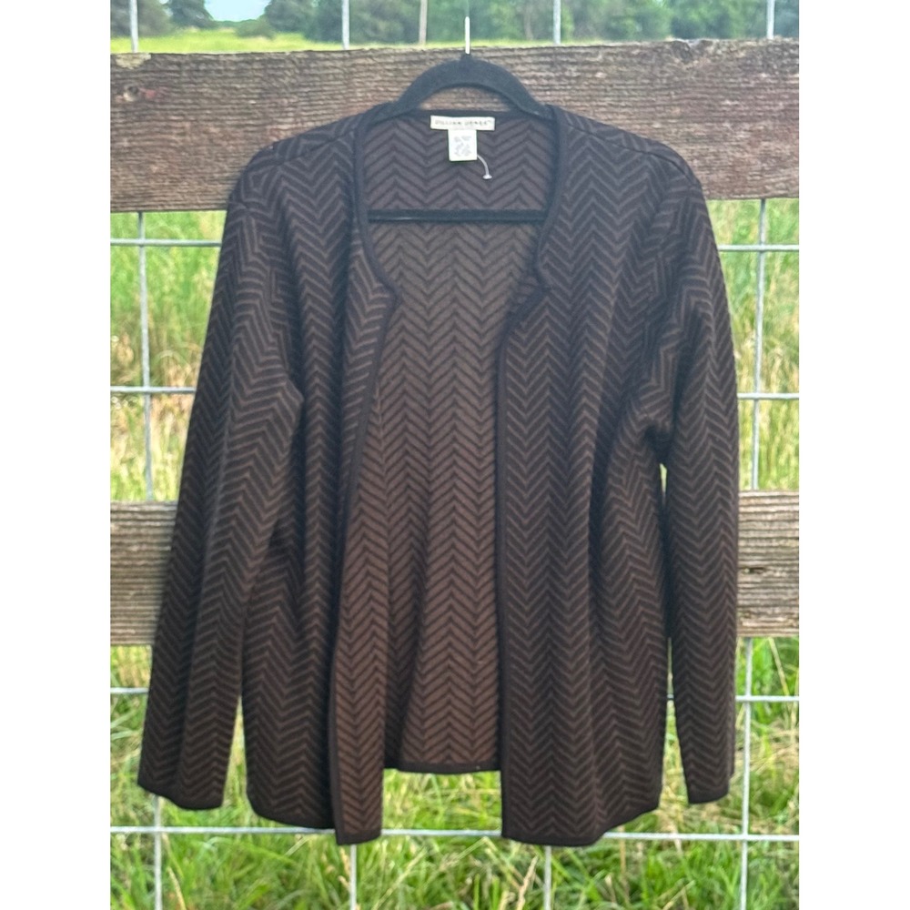 Jillian Jones Brown Black Chevron Herringbone Open Front Wool Blend Cardigan L